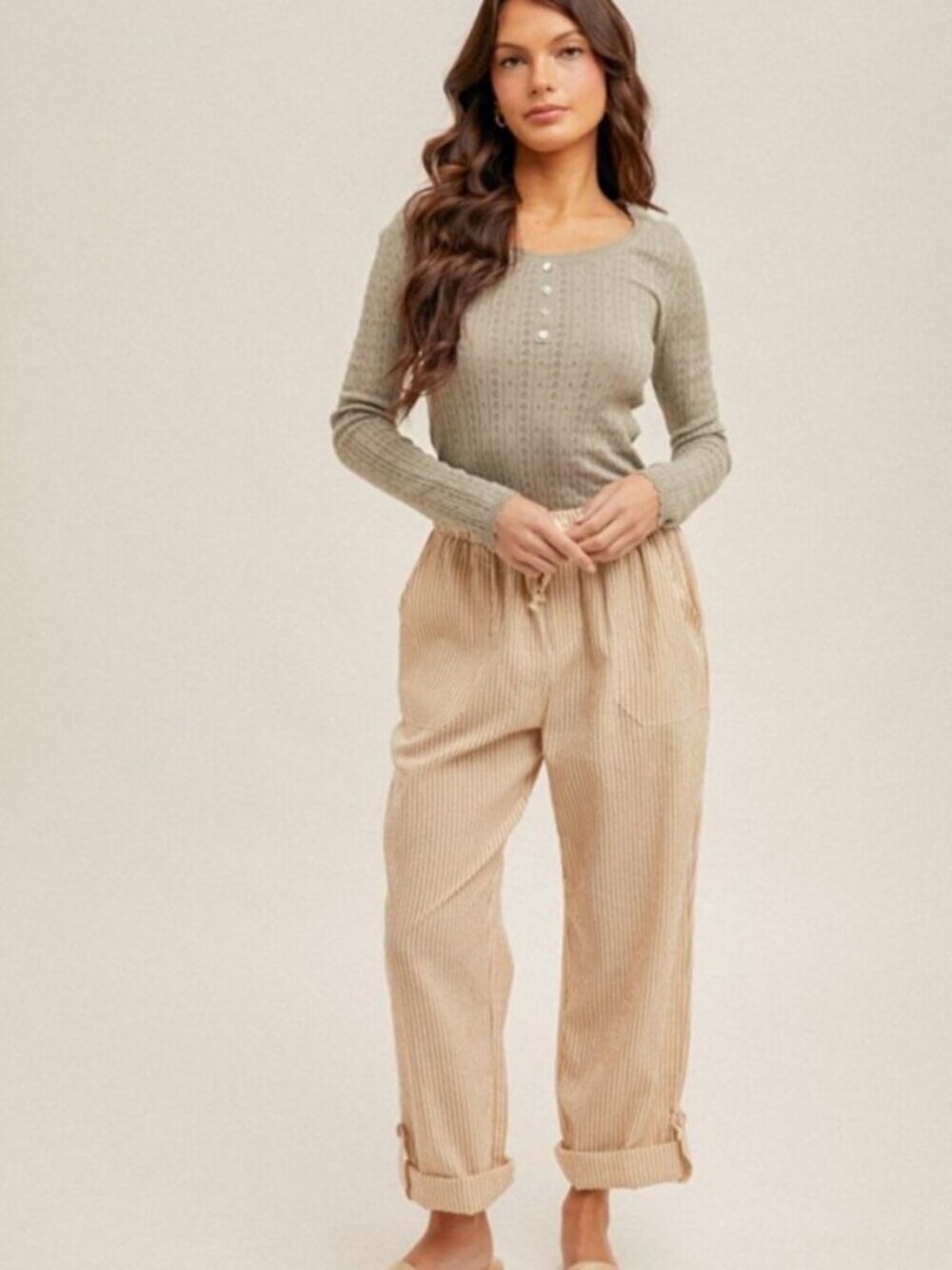 Fitted Sage Green Ribbed Open Knit Henley Top Medium - Picture 4 of 5